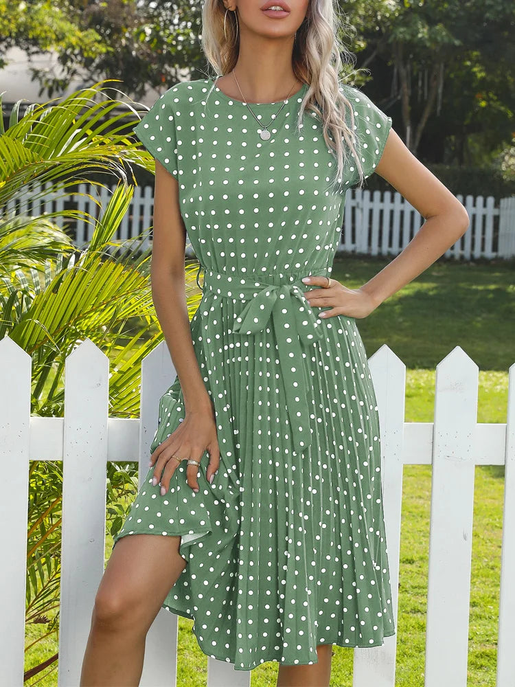 Polka Dot A-Line Summer Dress - Cap Sleeve Knee Length Office Dress - ZOOMNSTORE