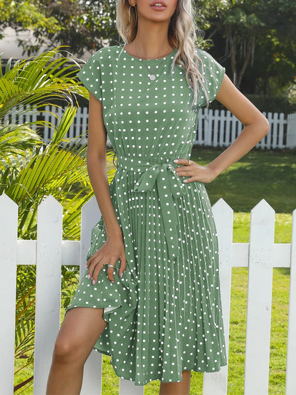 Polka Dot A-Line Summer Dress - Cap Sleeve Knee Length Office Dress - ZOOMNSTORE