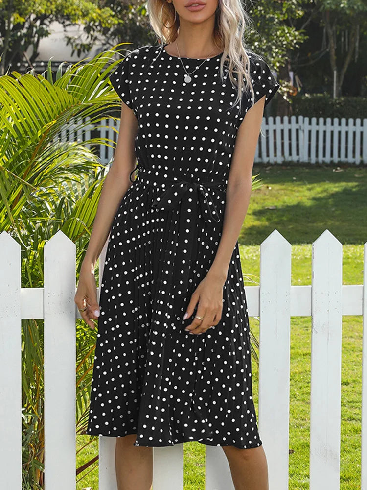 Polka Dot A-Line Summer Dress - Cap Sleeve Knee Length Office Dress - ZOOMNSTORE
