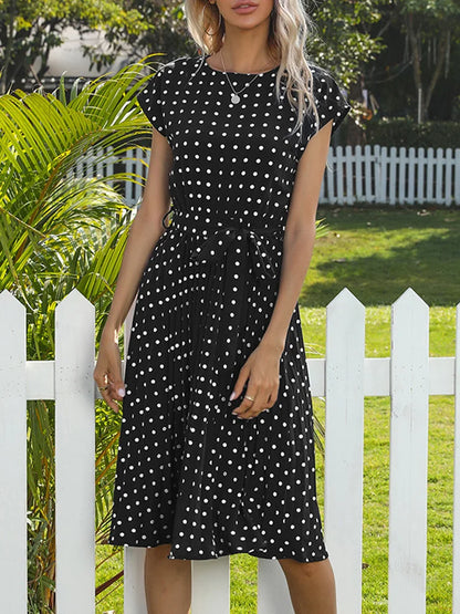 Polka Dot A-Line Summer Dress - Cap Sleeve Knee Length Office Dress - ZOOMNSTORE