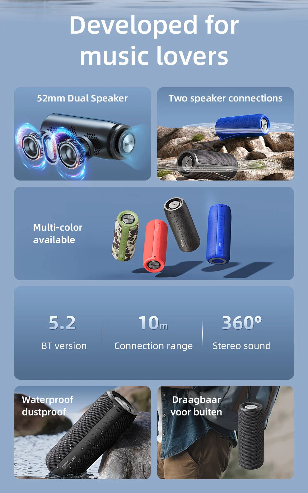 Portable Bluetooth Speaker – ZEALOT S51 Wireless Bass, Outdoor Waterproof, 10W - ZOOMNSTORE