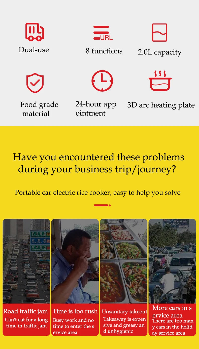 Portable Car Rice Cooker - 2L Electric Multi-Cooker  Food Steamer for 12V24V Vehicles - ZOOMNSTORE