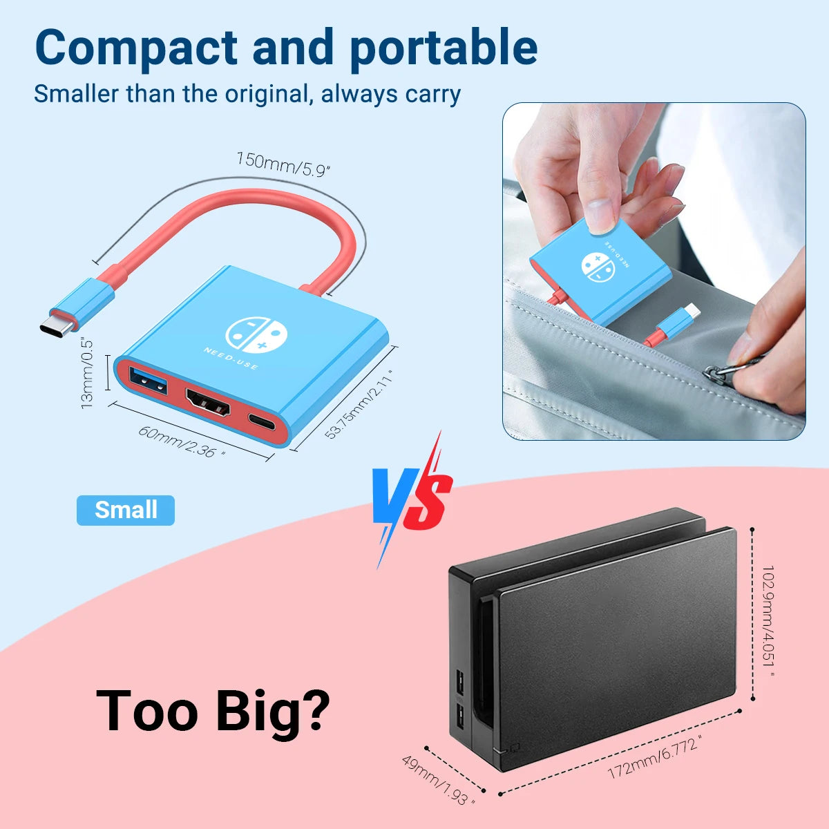 Portable Game Docking Station - Type-C Hub with HDMI Compatible & USB 3.0 Hub - ZOOMNSTORE