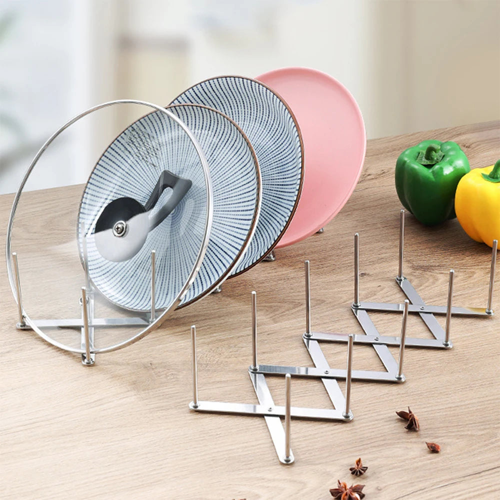 Pot Lid Rack Retractable Stainless Steel Pan Lid Organizer - Foldable Kitchen Storage Shelf - ZOOMNSTORE