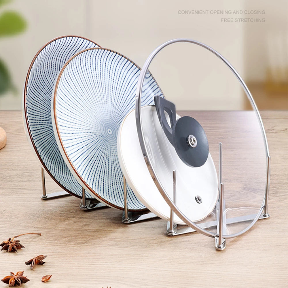 Pot Lid Rack Retractable Stainless Steel Pan Lid Organizer - Foldable Kitchen Storage Shelf - ZOOMNSTORE