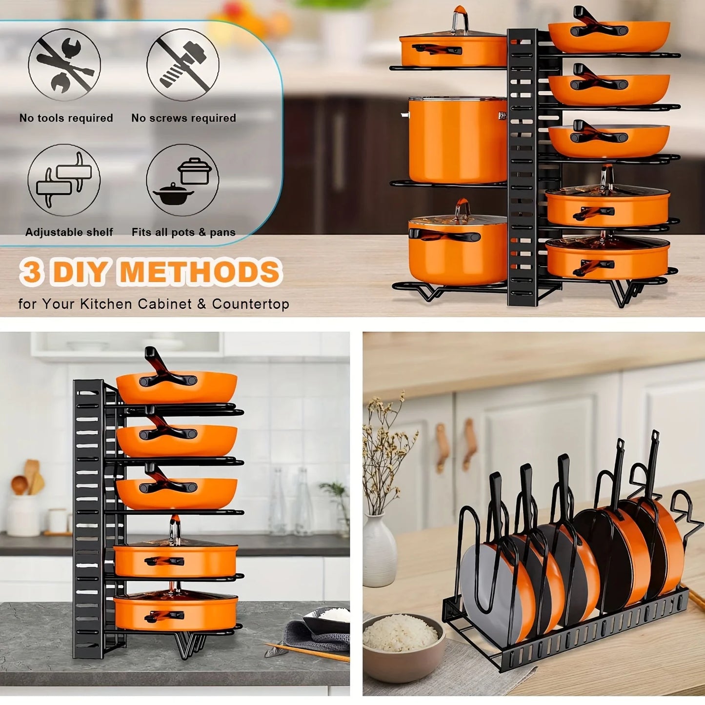 8-Tier Metal Pot Rack Organizer - Space-Saving Kitchen Storage for Pots Pans and Lids - ZOOMNSTORE