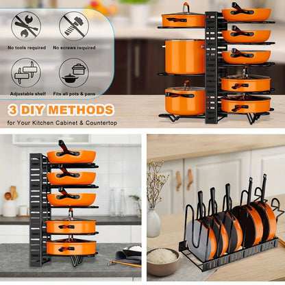 8-Tier Metal Pot Rack Organizer - Space-Saving Kitchen Storage for Pots Pans and Lids - ZOOMNSTORE