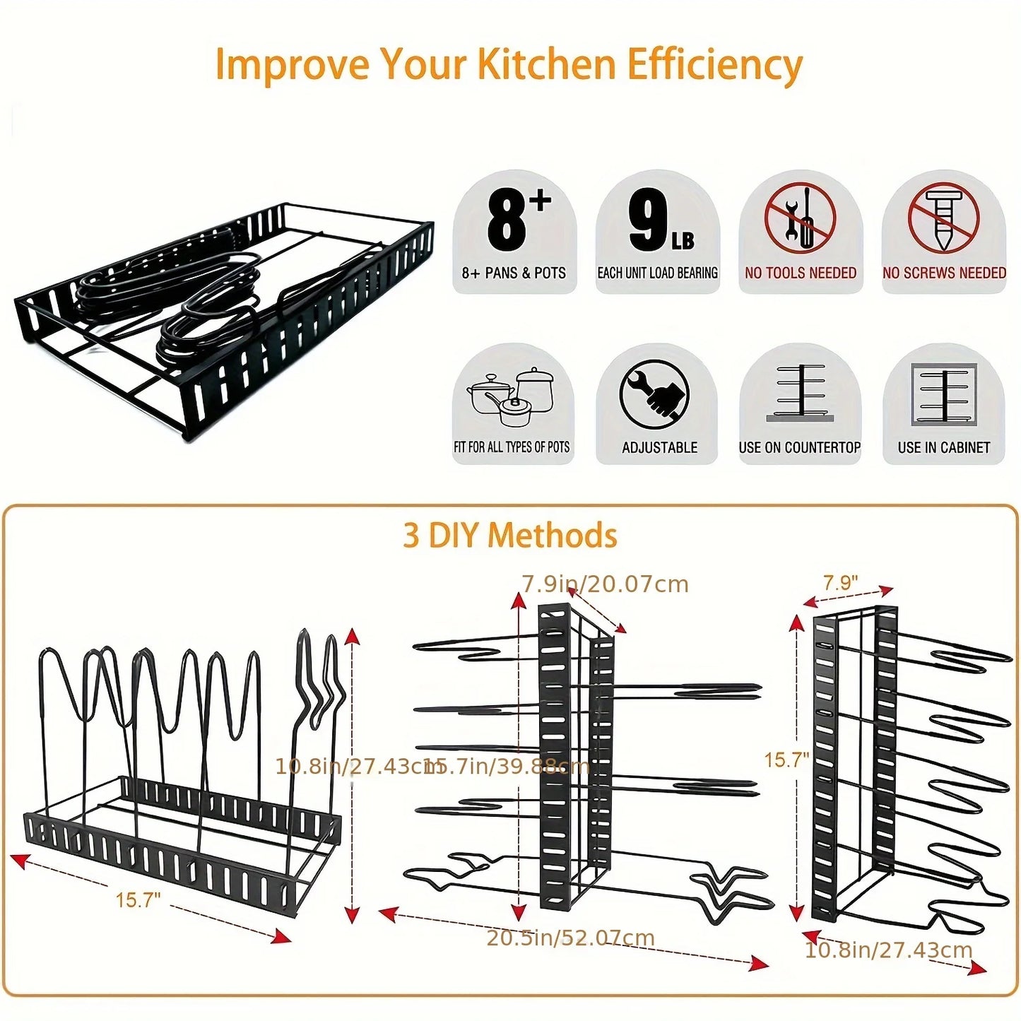 8-Tier Metal Pot Rack Organizer - Space-Saving Kitchen Storage for Pots Pans and Lids - ZOOMNSTORE