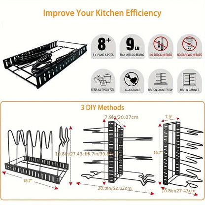 8-Tier Metal Pot Rack Organizer - Space-Saving Kitchen Storage for Pots Pans and Lids - ZOOMNSTORE