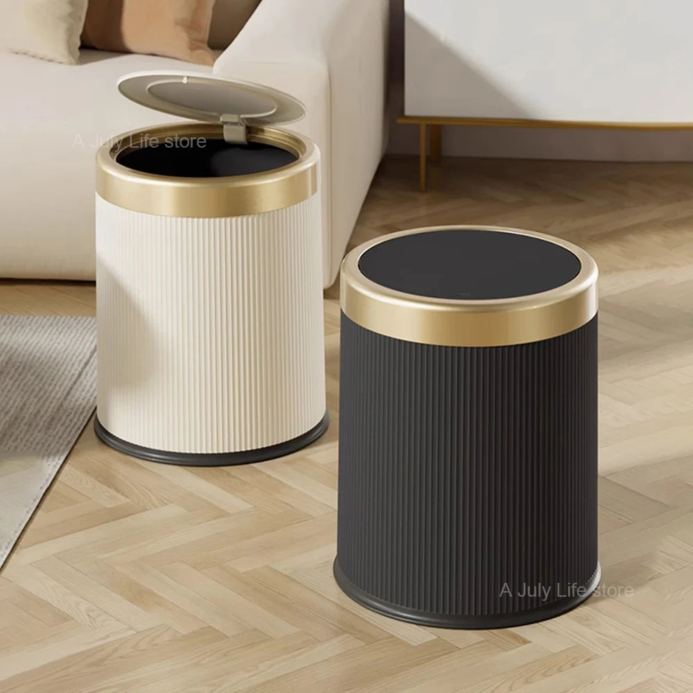 Light Luxury Trash Can with Lid - Round Wastebasket for Office Living Room Bathroom - ZOOMNSTORE