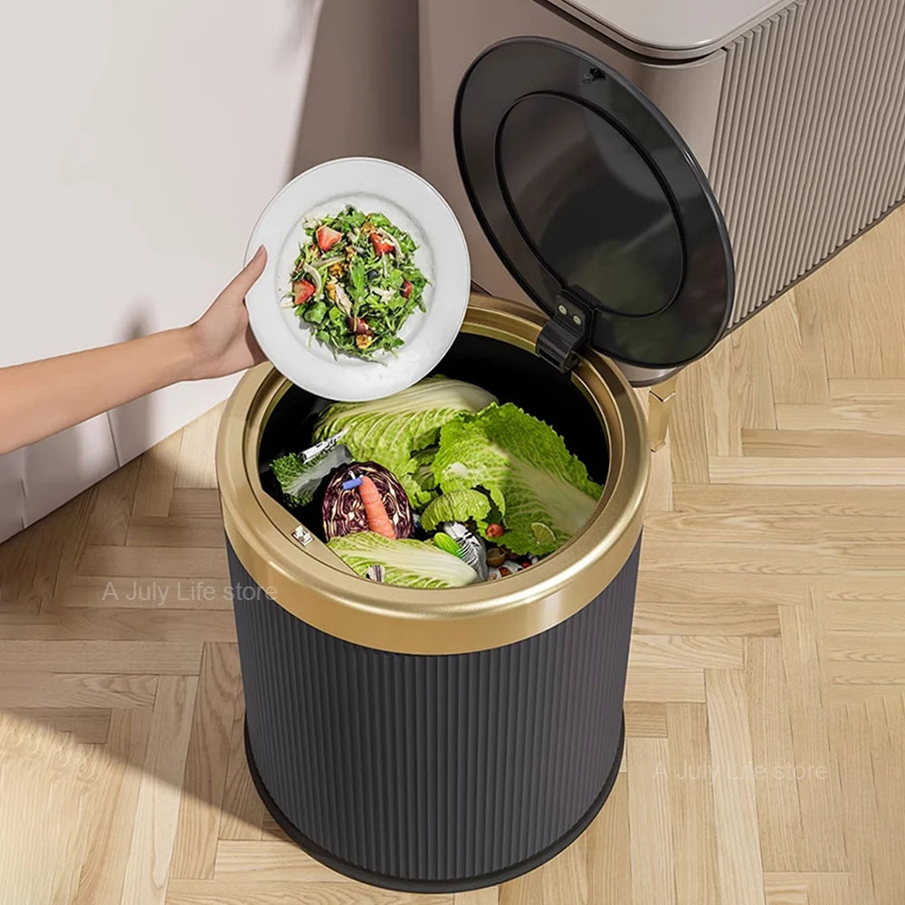 Light Luxury Trash Can with Lid - Round Wastebasket for Office Living Room Bathroom - ZOOMNSTORE