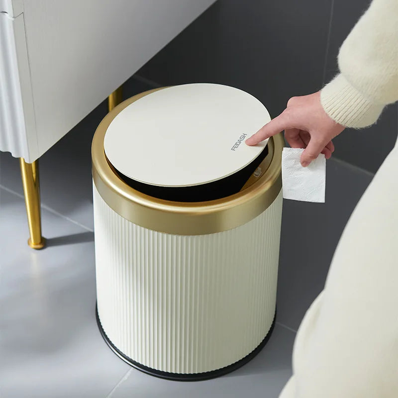Light Luxury Trash Can with Lid - Round Wastebasket for Office Living Room Bathroom - ZOOMNSTORE
