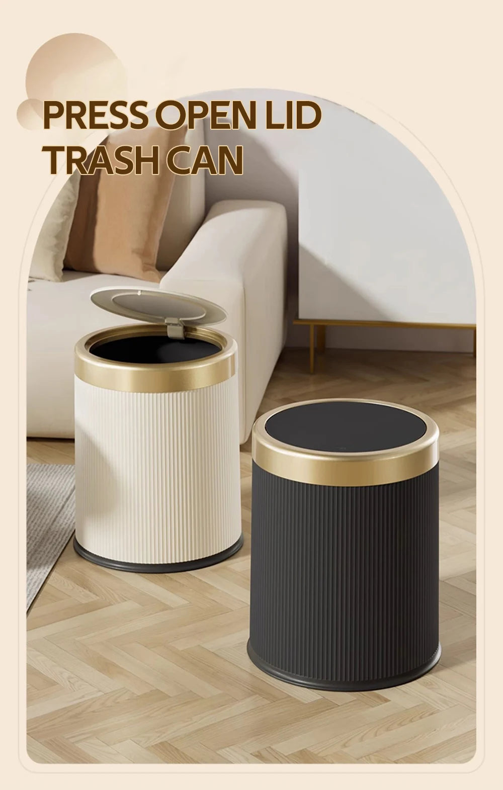 Light Luxury Trash Can with Lid - Round Wastebasket for Office Living Room Bathroom - ZOOMNSTORE