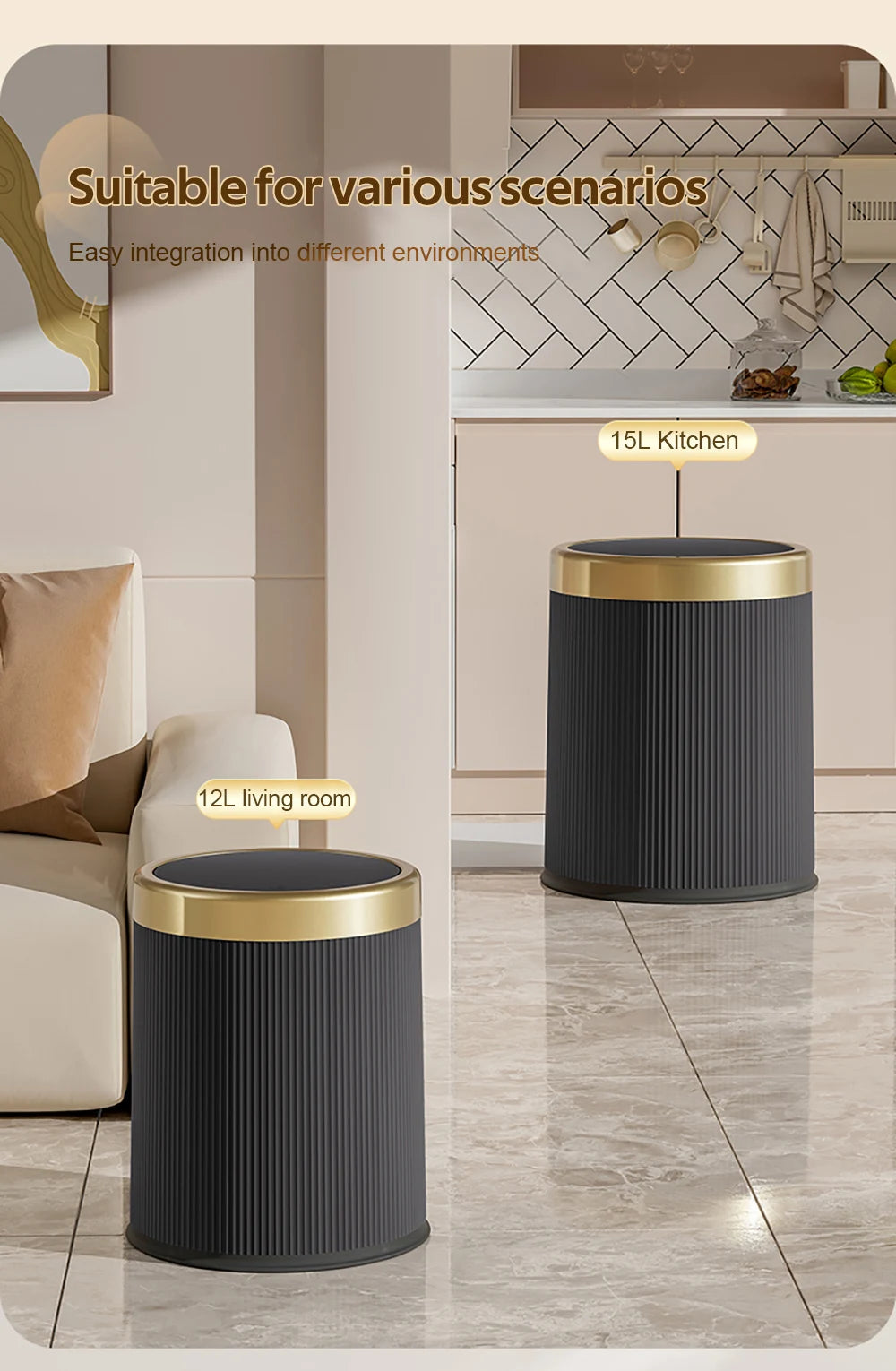 Light Luxury Trash Can with Lid - Round Wastebasket for Office Living Room Bathroom - ZOOMNSTORE