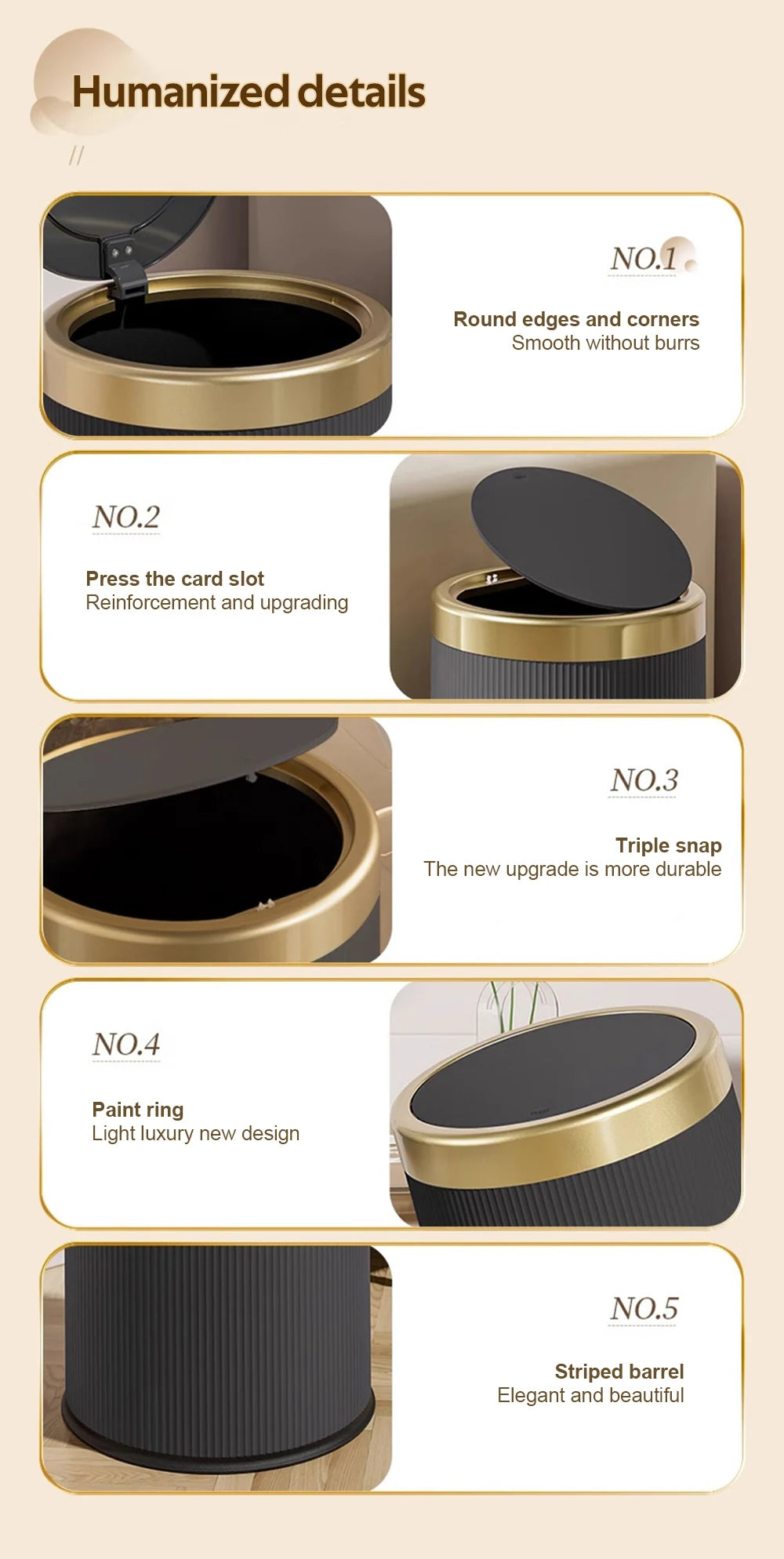 Light Luxury Trash Can with Lid - Round Wastebasket for Office Living Room Bathroom - ZOOMNSTORE