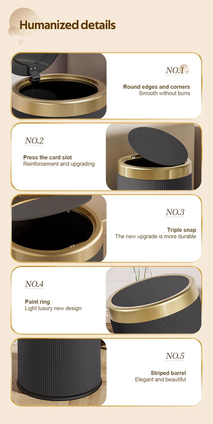 Light Luxury Trash Can with Lid - Round Wastebasket for Office Living Room Bathroom - ZOOMNSTORE