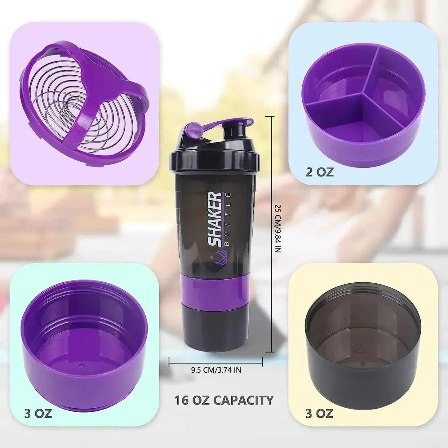 Protein Shaker Bottle – 500ml Layered Gym Bottle with Wire Stirring Ball & Extra Storage - ZOOMNSTORE