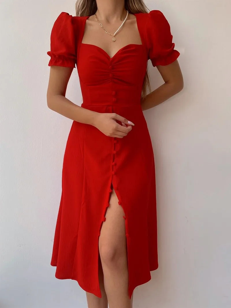 Puff Sleeve Bodycon Dress - Elegant Summer A-line Dress for Women - ZOOMNSTORE