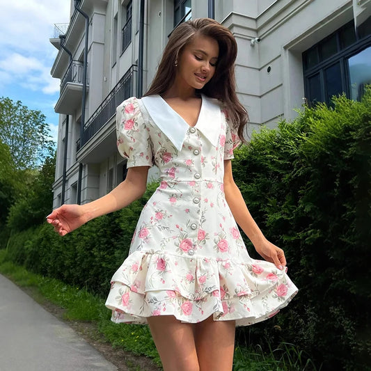 Puff Sleeve Mini Dress - Women's Summer Casual Vacation Dress With Pearl Buttons - ZOOMNSTORE