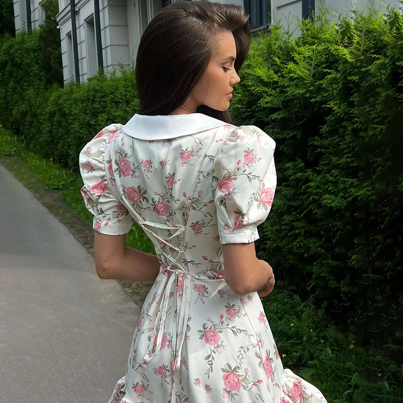 Puff Sleeve Mini Dress - Women's Summer Casual Vacation Dress With Pearl Buttons - ZOOMNSTORE