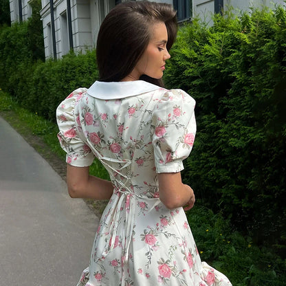 Puff Sleeve Mini Dress - Women's Summer Casual Vacation Dress With Pearl Buttons - ZOOMNSTORE