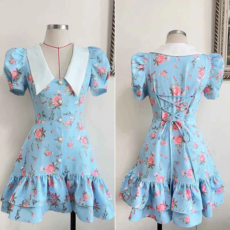Puff Sleeve Mini Dress - Women's Summer Casual Vacation Dress With Pearl Buttons - ZOOMNSTORE
