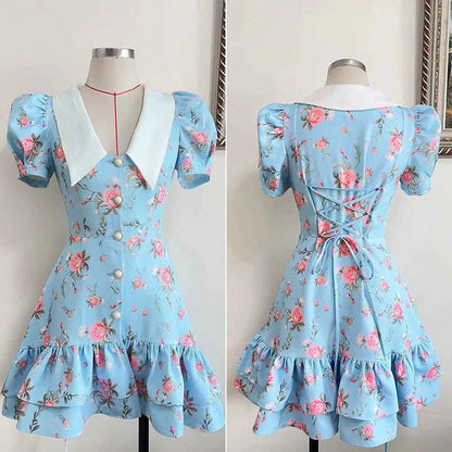Puff Sleeve Mini Dress - Women's Summer Casual Vacation Dress With Pearl Buttons - ZOOMNSTORE