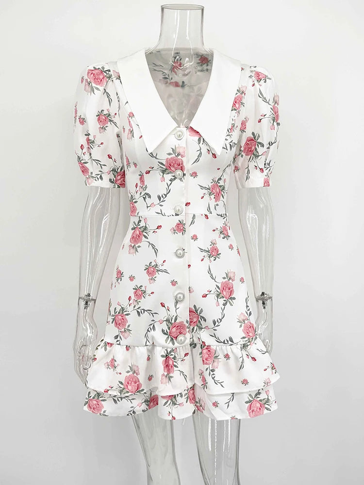 Puff Sleeve Mini Dress - Women's Summer Casual Vacation Dress With Pearl Buttons - ZOOMNSTORE