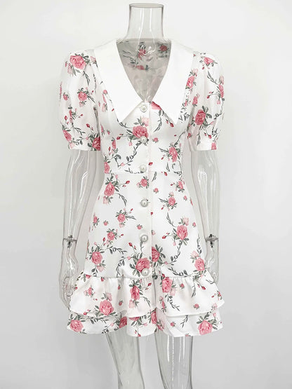 Puff Sleeve Mini Dress - Women's Summer Casual Vacation Dress With Pearl Buttons - ZOOMNSTORE
