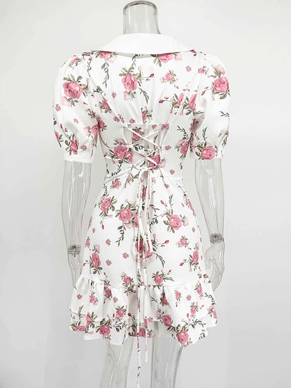 Puff Sleeve Mini Dress - Women's Summer Casual Vacation Dress With Pearl Buttons - ZOOMNSTORE