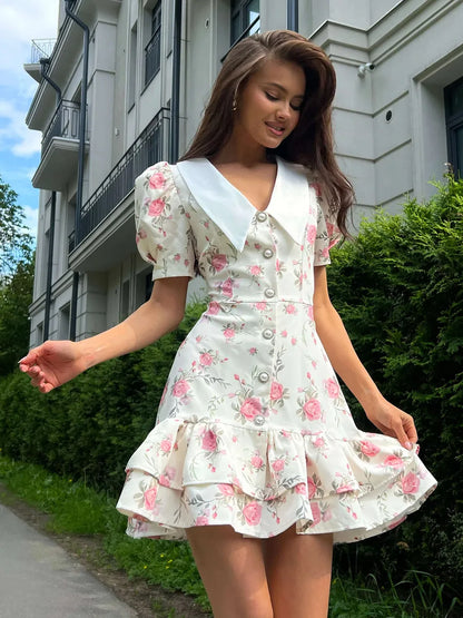 Puff Sleeve Mini Dress - Women's Summer Casual Vacation Dress With Pearl Buttons - ZOOMNSTORE