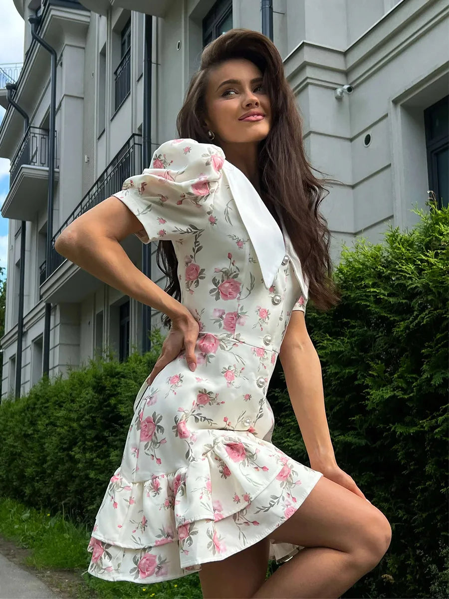 Puff Sleeve Mini Dress - Women's Summer Casual Vacation Dress With Pearl Buttons - ZOOMNSTORE