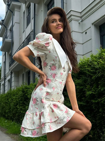 Puff Sleeve Mini Dress - Women's Summer Casual Vacation Dress With Pearl Buttons - ZOOMNSTORE