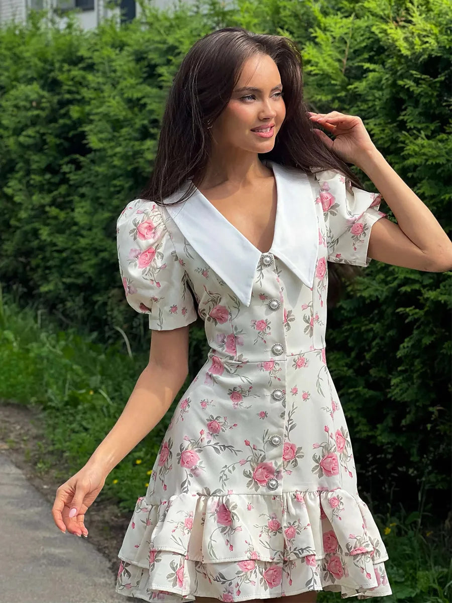 Puff Sleeve Mini Dress - Women's Summer Casual Vacation Dress With Pearl Buttons - ZOOMNSTORE