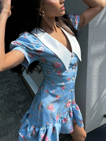 Puff Sleeve Mini Dress - Women's Summer Casual Vacation Dress With Pearl Buttons - ZOOMNSTORE
