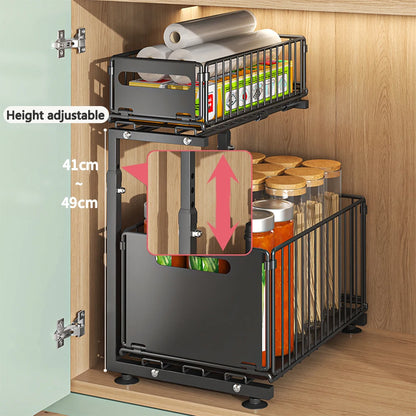 Adjustable 2-Tier Pull-Out Cabinet Organizer - Under Sink Storage Rack for Spice Jars - ZOOMNSTORE