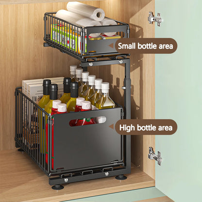 Adjustable 2-Tier Pull-Out Cabinet Organizer - Under Sink Storage Rack for Spice Jars - ZOOMNSTORE