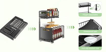 Adjustable 2-Tier Pull-Out Cabinet Organizer - Under Sink Storage Rack for Spice Jars - ZOOMNSTORE