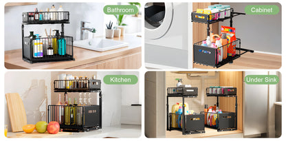 Adjustable 2-Tier Pull-Out Cabinet Organizer - Under Sink Storage Rack for Spice Jars - ZOOMNSTORE