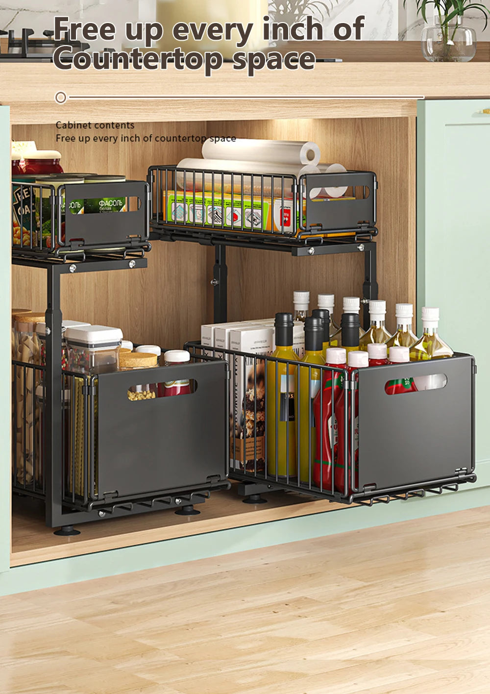 Adjustable 2-Tier Pull-Out Cabinet Organizer - Under Sink Storage Rack for Spice Jars - ZOOMNSTORE