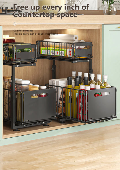 Adjustable 2-Tier Pull-Out Cabinet Organizer - Under Sink Storage Rack for Spice Jars - ZOOMNSTORE