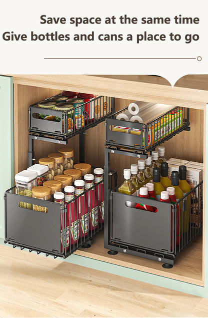 Adjustable 2-Tier Pull-Out Cabinet Organizer - Under Sink Storage Rack for Spice Jars - ZOOMNSTORE