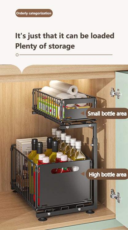 Adjustable 2-Tier Pull-Out Cabinet Organizer - Under Sink Storage Rack for Spice Jars - ZOOMNSTORE