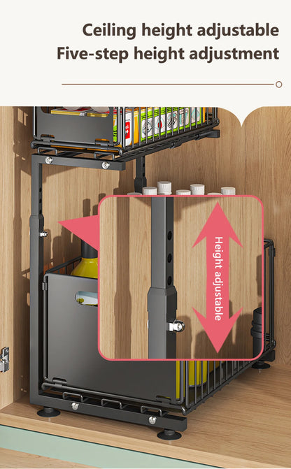 Adjustable 2-Tier Pull-Out Cabinet Organizer - Under Sink Storage Rack for Spice Jars - ZOOMNSTORE