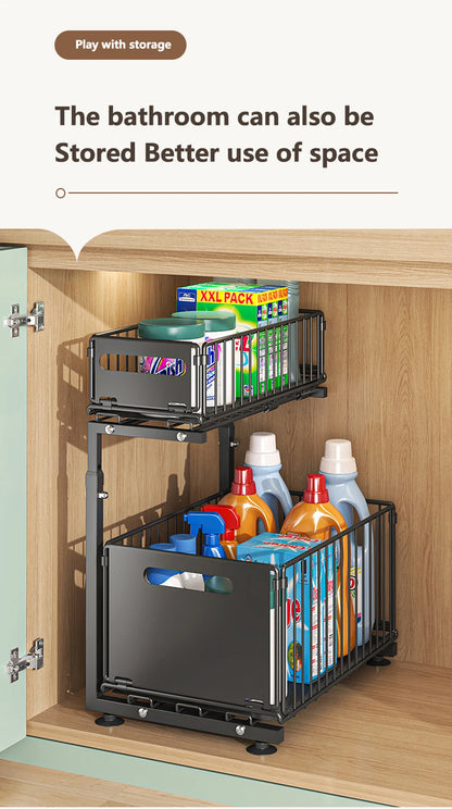 Adjustable 2-Tier Pull-Out Cabinet Organizer - Under Sink Storage Rack for Spice Jars - ZOOMNSTORE
