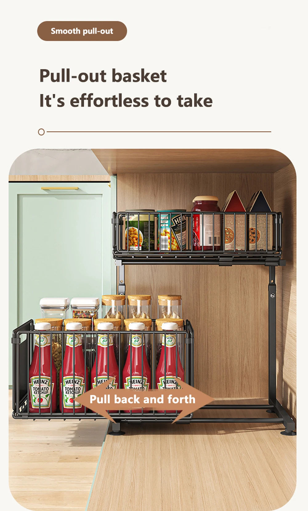 Adjustable 2-Tier Pull-Out Cabinet Organizer - Under Sink Storage Rack for Spice Jars - ZOOMNSTORE