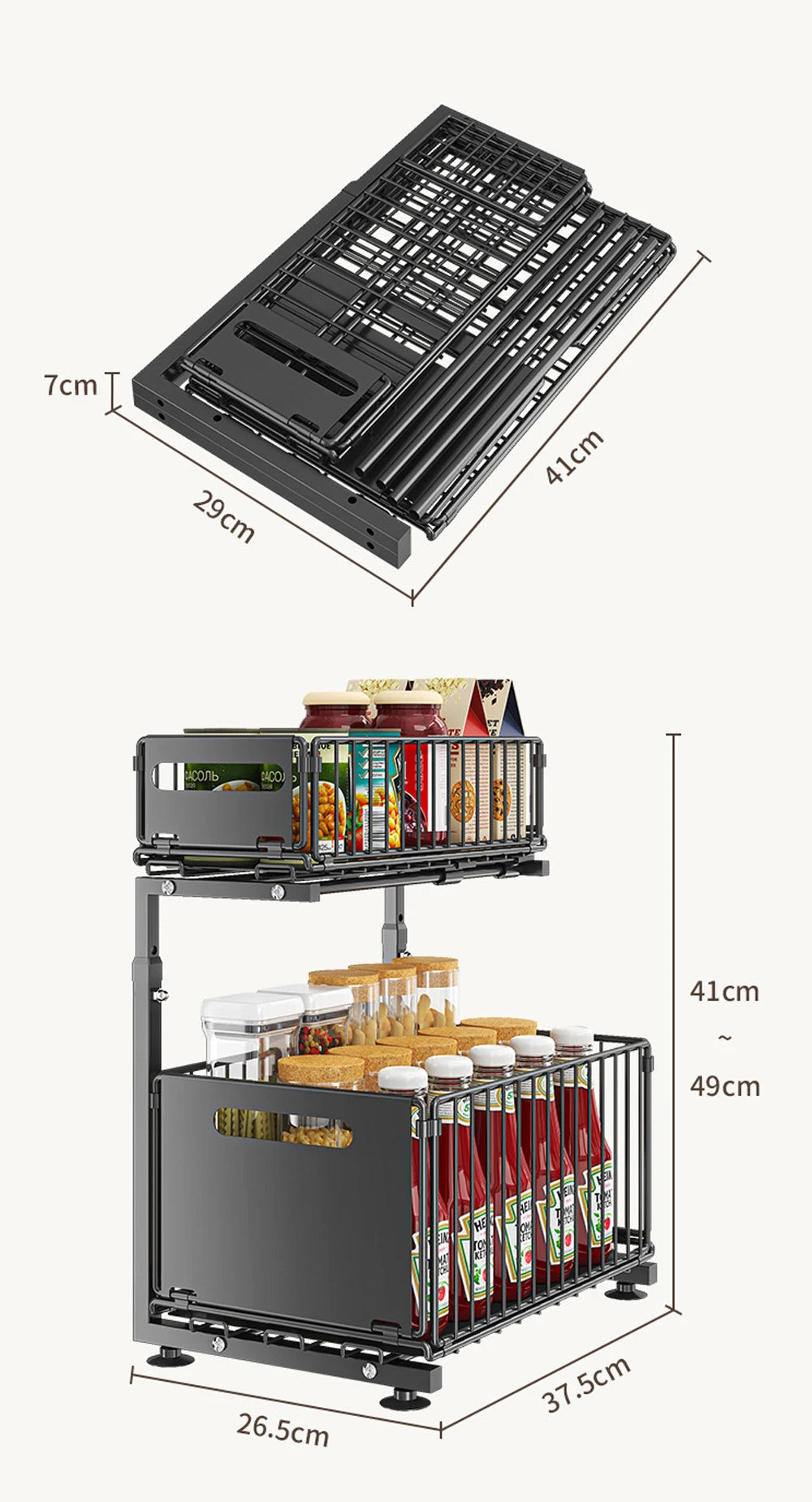 Adjustable 2-Tier Pull-Out Cabinet Organizer - Under Sink Storage Rack for Spice Jars - ZOOMNSTORE