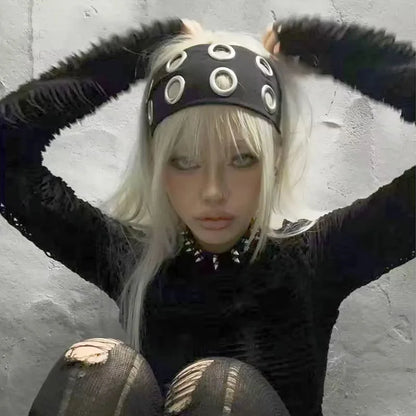 Punk Girl Hollowed Out Eyelets Wide Elastic Headband Stretchy Metal Rock Steampunk for Sports Headbands Hair Accessories - ZOOMNSTORE