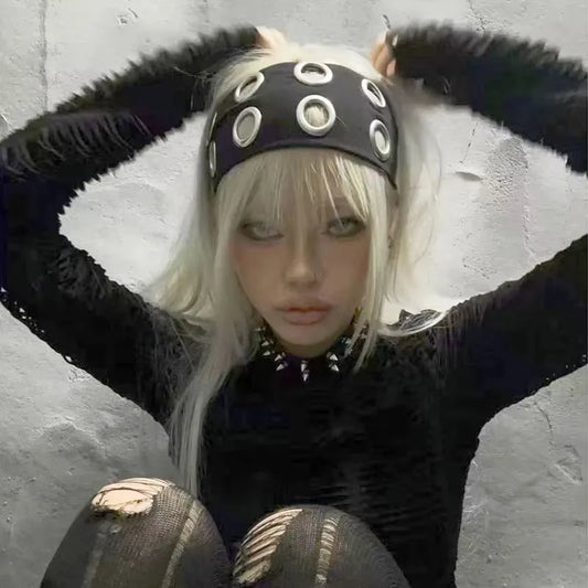 Punk Girl Hollowed Out Eyelets Wide Elastic Headband Stretchy Metal Rock Steampunk for Sports Headbands Hair Accessories - ZOOMNSTORE