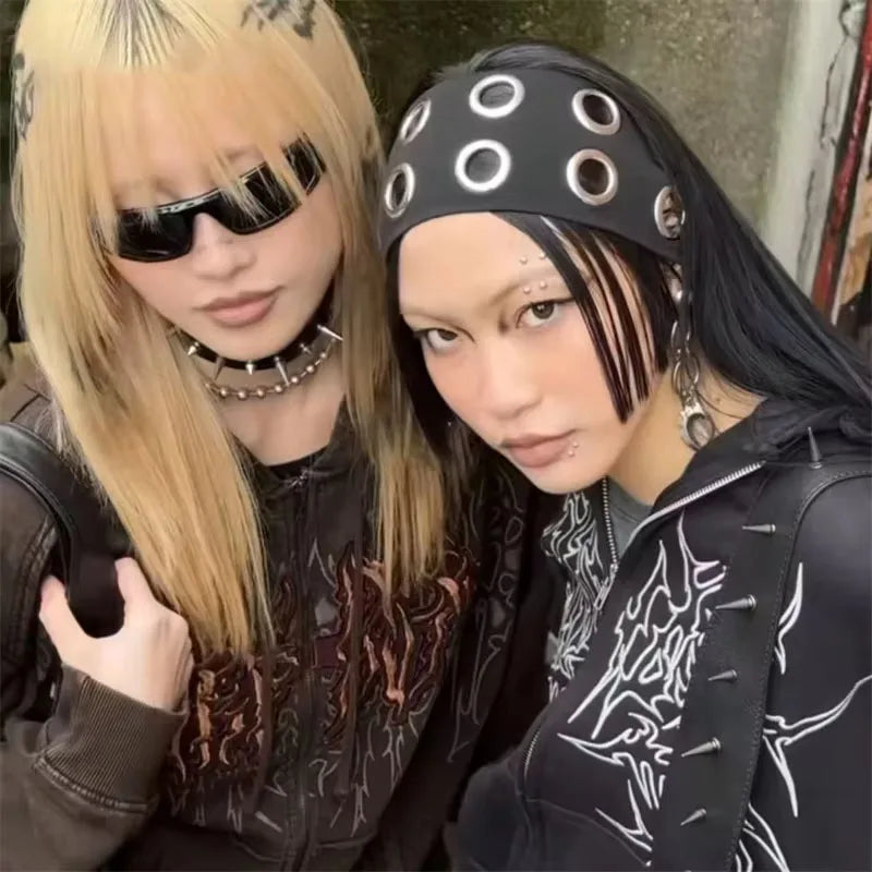 Punk Girl Hollowed Out Eyelets Wide Elastic Headband Stretchy Metal Rock Steampunk for Sports Headbands Hair Accessories - ZOOMNSTORE